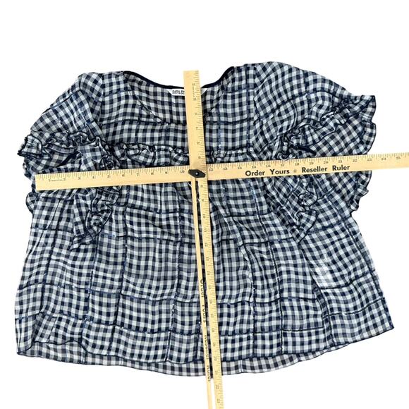 Zara Navy Blue White Gingham Sequin Flutter Sleeve Sheer Peplum Blouse size M - Picture 8 of 10